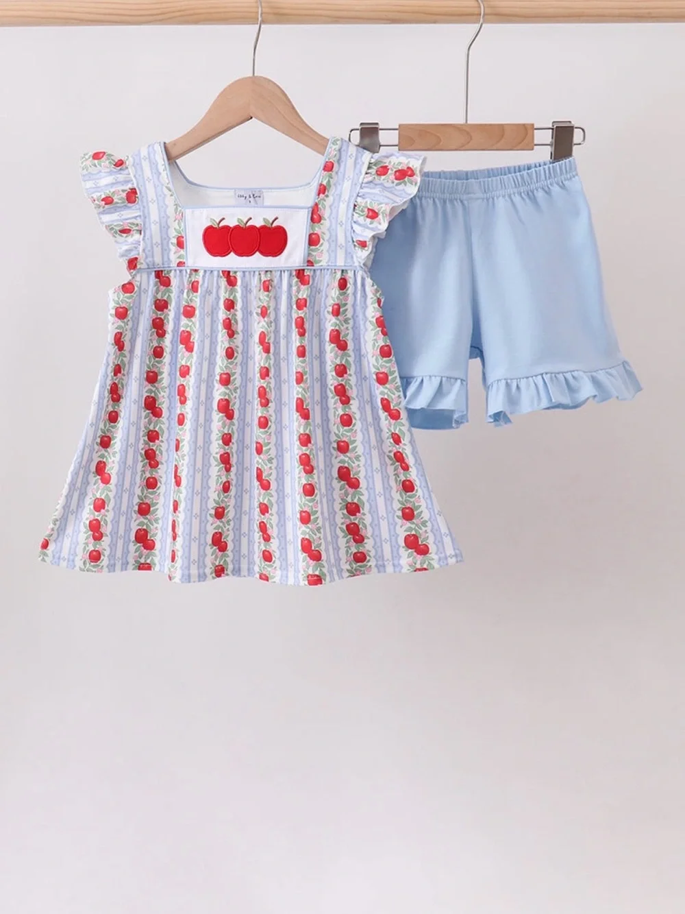 Girls Blue Apple-Print Set with Ruffle Shorts